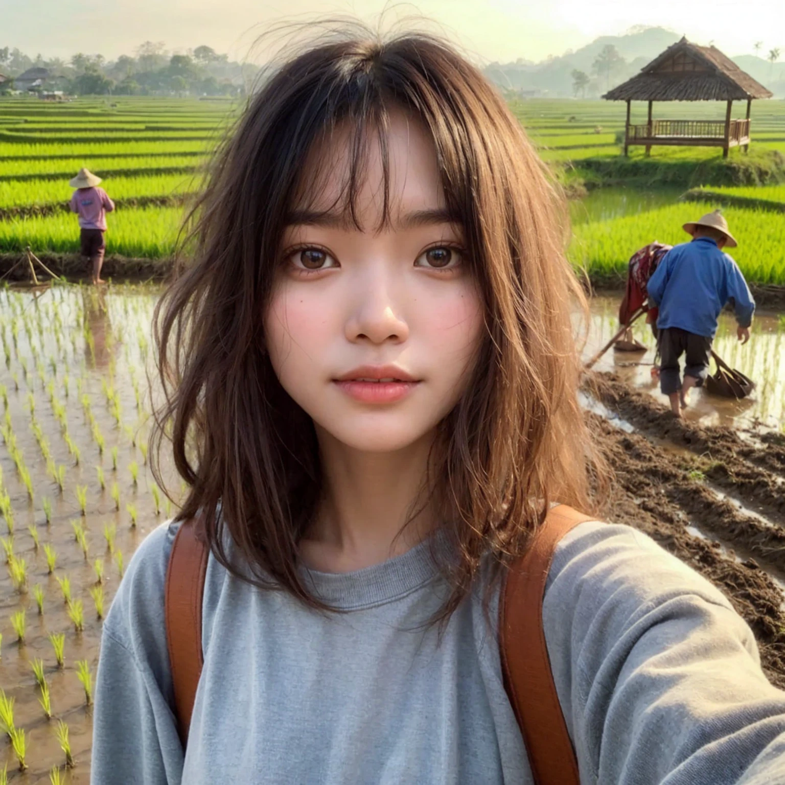 realistic selfie photo. a young Indonesian girl aged 16 years, medium messy hair style, wear a long-sleeved t-shirt, carry a shoulder bag. In the background of rural rice fields, people can be seen plowing the fields, there is a gazebo where you can rest, scarecrows and one beautiful mountain, bright sky, Indonesian morning atmosphere. UHD. masterpiece