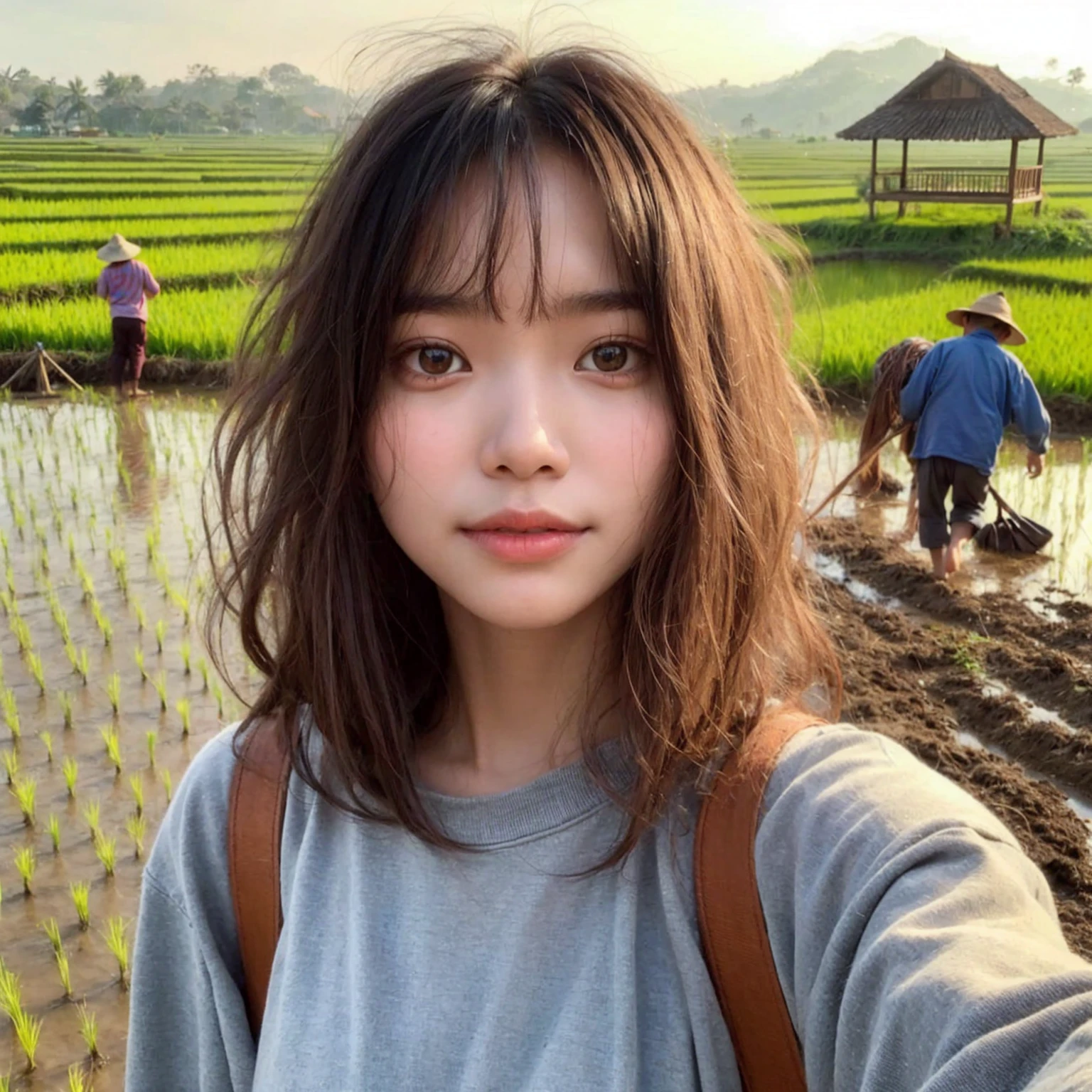 realistic selfie photo. a young Indonesian girl aged 16 years, medium messy hair style, wear a long-sleeved t-shirt, carry a shoulder bag. In the background of rural rice fields, people can be seen plowing the fields, there is a gazebo where you can rest, scarecrows and one beautiful mountain, bright sky, Indonesian morning atmosphere. UHD. masterpiece