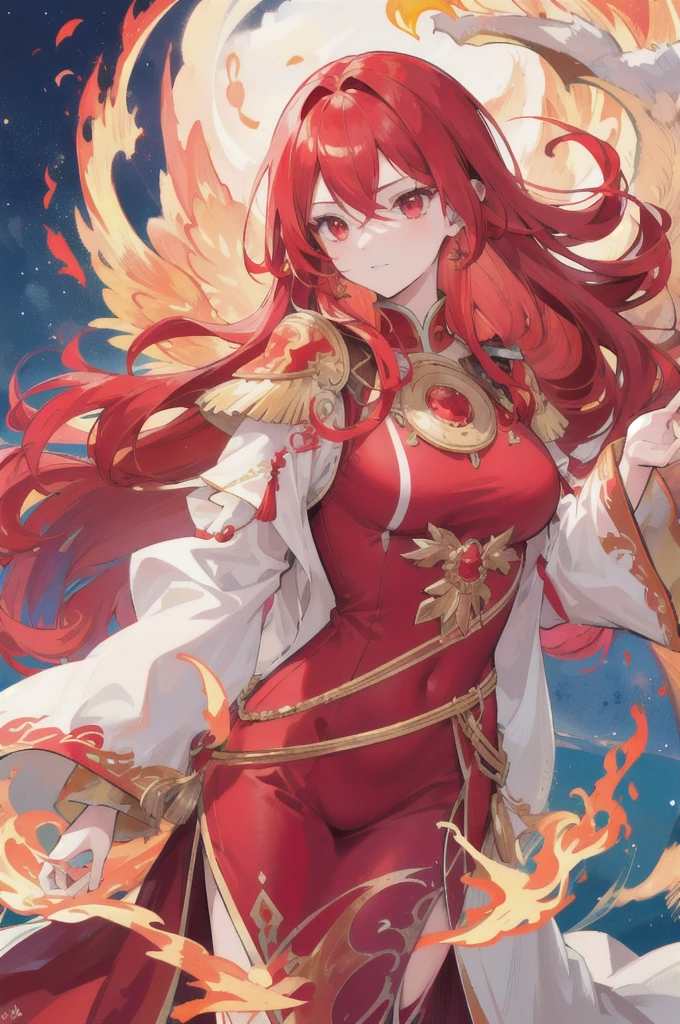 1 girl has long, wavy hair that is a vibrant fiery red color, that shines brightly like living flames. His crimson red eyes, Her skin is clear and luminous with a soft golden glow.,. Wear a silk tunic in red and gold tones, with flame and feather embroidery, y lleva un amuleto en forma de phoenix y un tocado dorado. His bearing is dignified and majestic, phoenix.