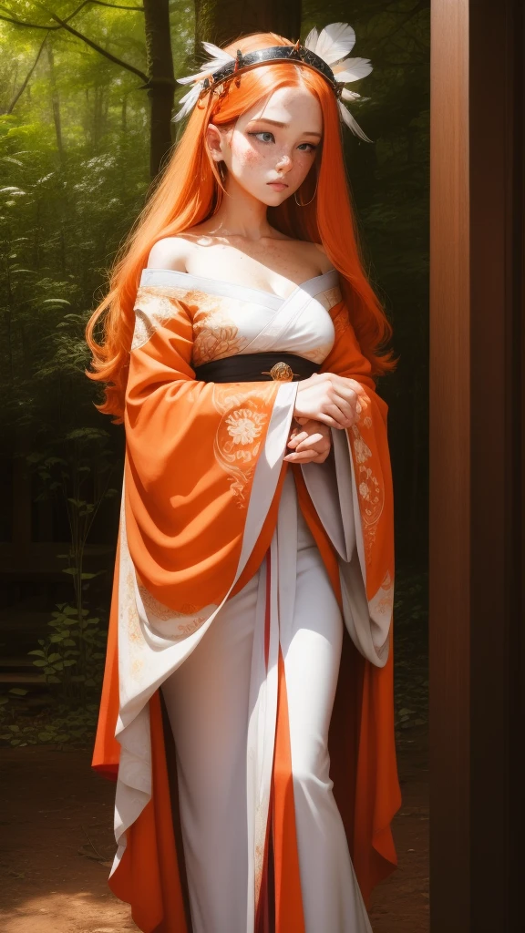 18 years old princess, striking figure, long ginger hair, wavy hairs, fair skin, (freckles), (kolito), innocent and regal appearance, expressive eyes are filled with a mix of curiosity and determination, her slender frame, elegant grace, vibrant orange kimono with white and black decorations, very long ((sleeves past fingers)), sleeves past wrists, feather headdress, in a forest