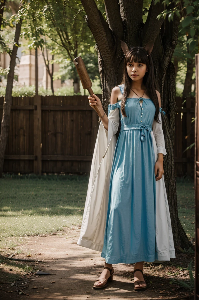 Magic tree, there is a girl El with long ears in a long dress and with a staff. 