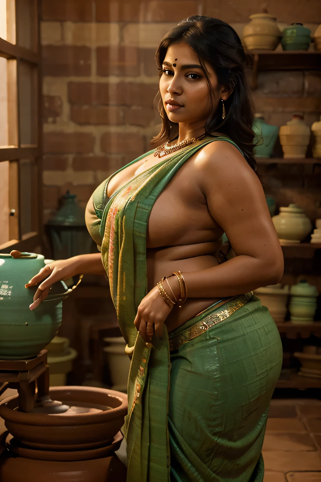 beautiful indian woman making pottery on a pottery wheel, wearing a sexy colorful sari, chubby curvy figure, detailed face, long eyelashes, intricate jewelry, clay covered hands, pottery studio interior, warm lighting, highly detailed, photorealistic, 8k, masterpiece