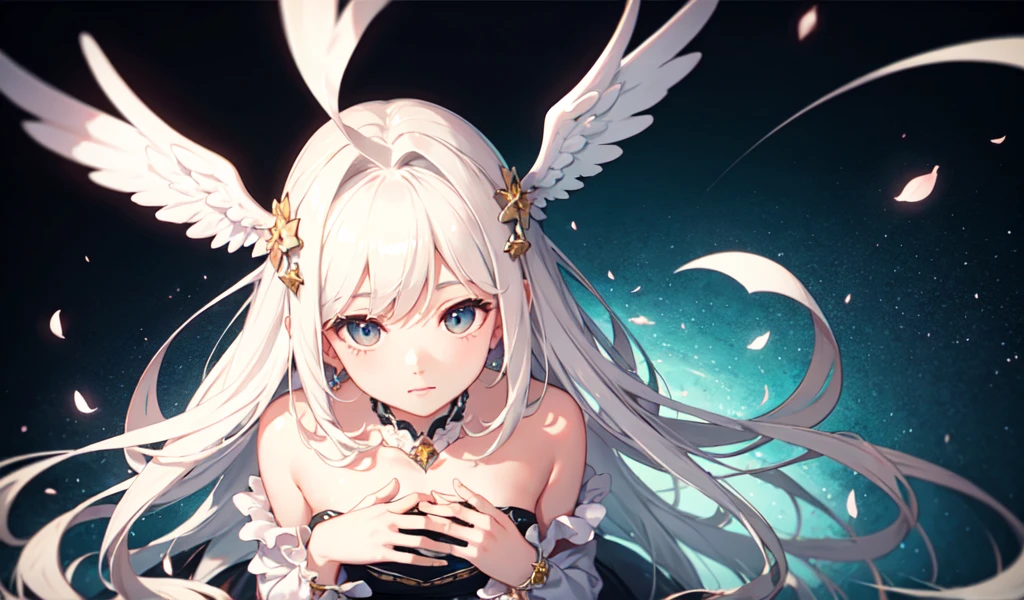 ((Highest quality)), ((masterpiece)), (detailed), Beautiful and cute angel,,play piano,Fantasy、Beautiful background,Five fingers from above