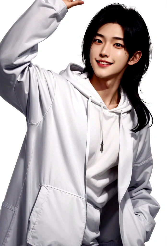 A man smiling and showing his teeth. Shiny hair. Permed hair. (Fair Skin),(Knowing),Iris,(Gender: Natural Face),Long Body,Handsome Asian Man, Short and Clean Hair, ((Center Part)), White Lab Coat with Black Hoodie Underneath, Calm and Confident Expression, Cool, Plain White Background, Portrait, High Quality, Details,30s, Shin Jin Young, , Lee Won Bin, The background is plain white.