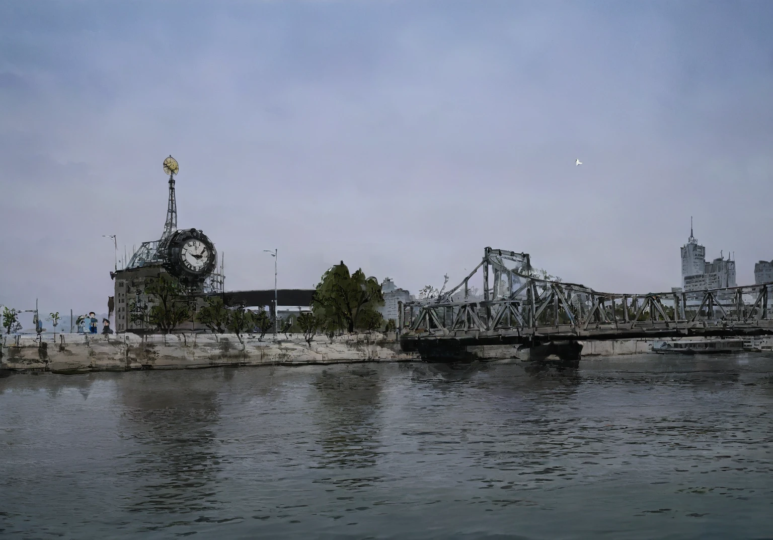 This is an ink painting.，Large freehand ink painting，There is a bridge over the river，(Bridge)，There is a round clock on the river bank，（Large round clock）There are seagulls flying in the sky，Fan Zeng style，Fan Zeng style，International Gold Award Winner