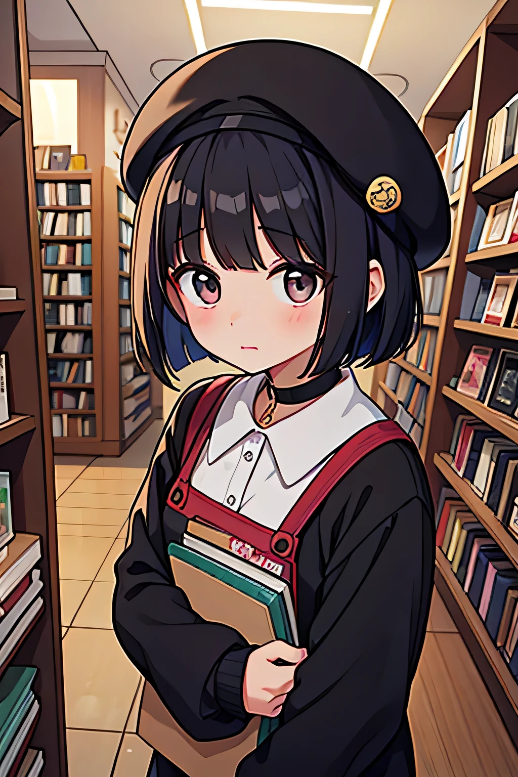 20-year-old women、cute、beret、Bob hairstyle、Bookstore、Fidgety、Embarrassed、Black Hair、Literary woman、I want to go to the toilet