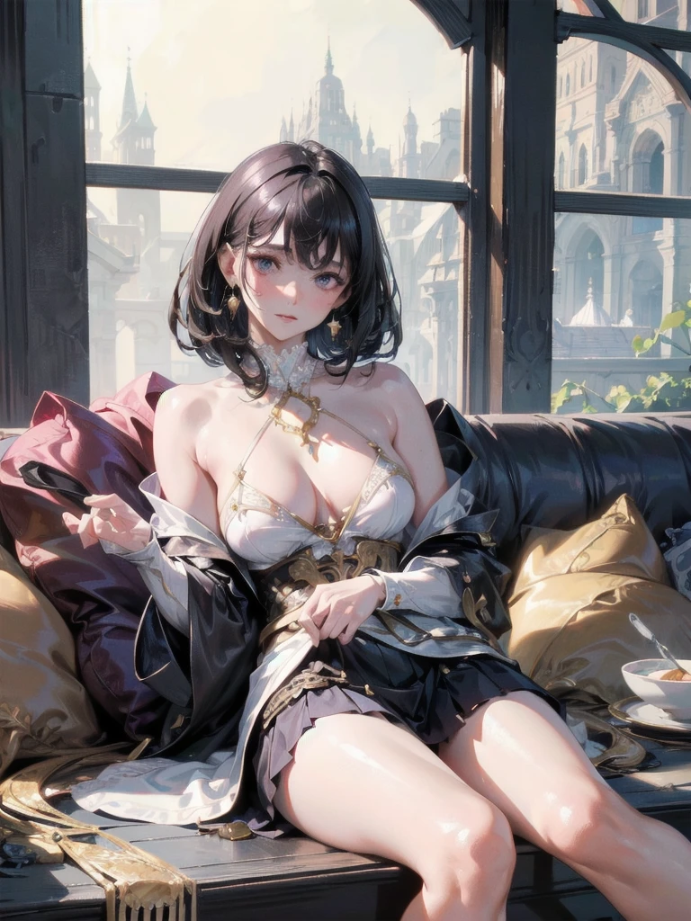 absurdres, RAW photo, extremely delicate and beautiful, masterpiece, Best Quality, ultra high resolution, 32k, hyperrealistic, ultra-detailed, delicate facial features, beautiful detailed woman, tearful mole, earring, medium breasts, full body shot, medium hair, black hair, Legendary Pirate, blouse, short skirt, off shoulder, Eroded Coastline,