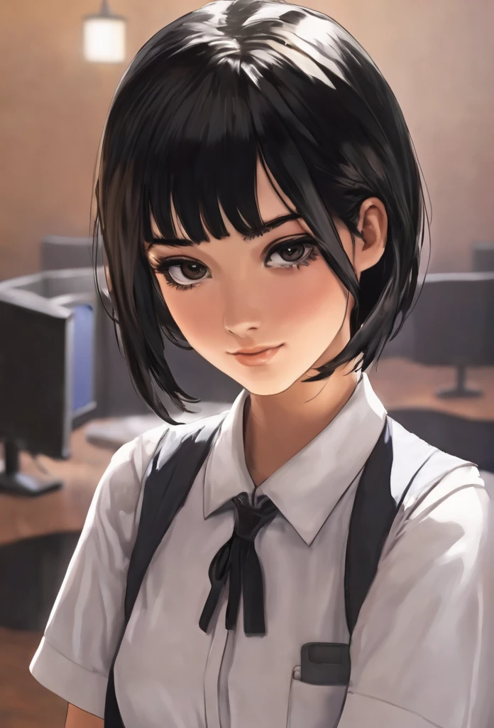 18 years old, female, human, receptionist in adventures guild, black hair, black eyes, short hair, in a room