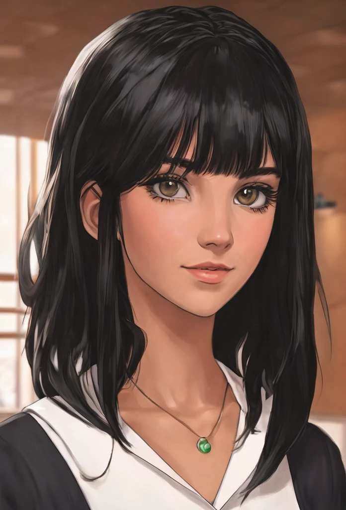 18 years old, female, human, receptionist in adventures guild, black hair, black eyes, short hair, in a room