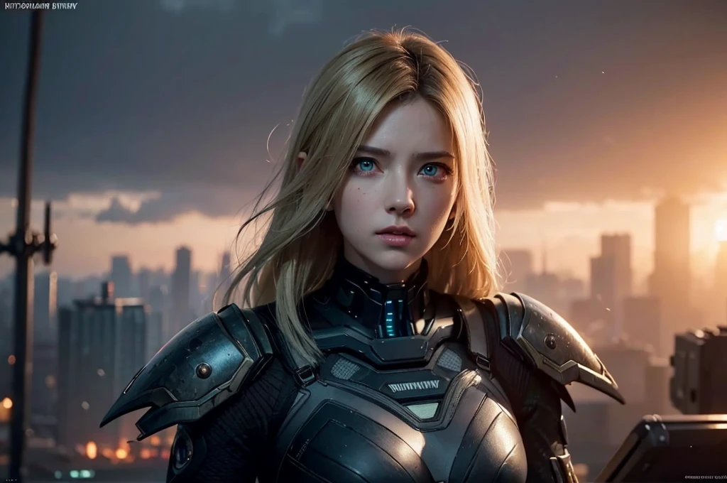 Cyberpunk world war 3, cinematic composition, a fantasy digital painting by Greg Rutkowski and James gurney, trending on art station, highly detailed, hyper realistic, realistic, photorealistic, dynamic lighting, highly detailed, cinematic landscape, studio landscape, studio lighting, 1 young cute girl, Idol face, (beautiful detailed eyes:1.5), short wavy blond hair, combat suit, upper body,