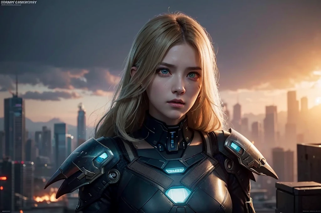 Cyberpunk world war 3, cinematic composition, a fantasy digital painting by Greg Rutkowski and James gurney, trending on art station, highly detailed, hyper realistic, realistic, photorealistic, dynamic lighting, highly detailed, cinematic landscape, studio landscape, studio lighting, 1 young cute girl, Idol face, (beautiful detailed eyes:1.5), short wavy blond hair, combat suit, upper body,