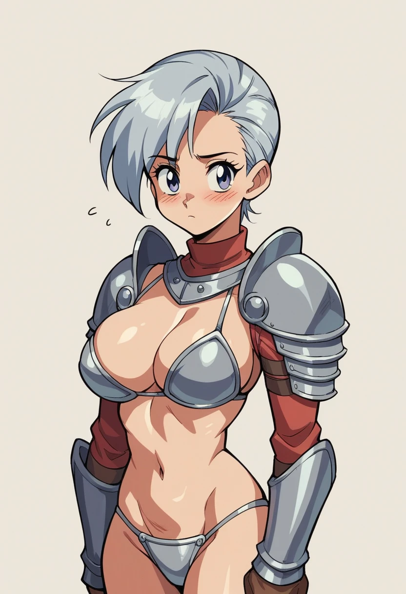 1980s, Retro,pc80,NSFW,Silver Bikini Armor,One Woman, 17 years old, 18-year-old, whole body,Full Art,Big Breasts,blush,Troubled face,blush,Expressionless,Cute Liane, Silversmith&#39;s crown,SF fantasyテイスト,Blonde,Short bob hair,silver eyes,Jade hairpin,Skirt flipped up by the wind,Silver pubic hair in the crotch,White color Micro pantie,pussy,Open pussy,pussy juice,masturbation,Put your hands on your crotch,Leg spread