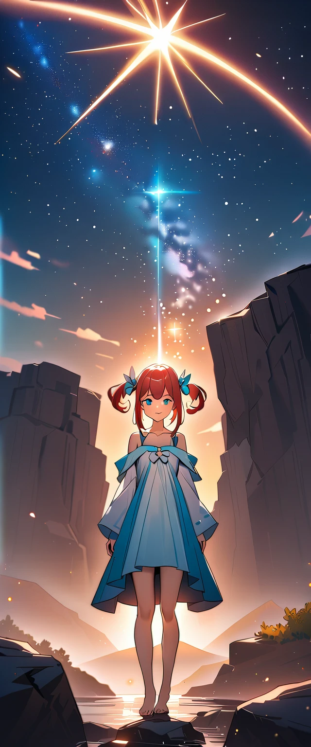 Photo of a high school girl with natural skin, Upper Body, Looking at the camera, Smiling twin-tailed girl with black and red gradient hair, Sharp eyes with blue eyeshadow, A thin, upturned nose, Well-shaped lips, White off-the-shoulder dress, barefoot, Makeup, Exquisitely crafted with the utmost attention to detail, Vibrant, amazing, Smooth, Cinematic, 4K, Backlight, ((Atop a cliff with a beautiful starry sky, Cliff)), Shallow depth of field.