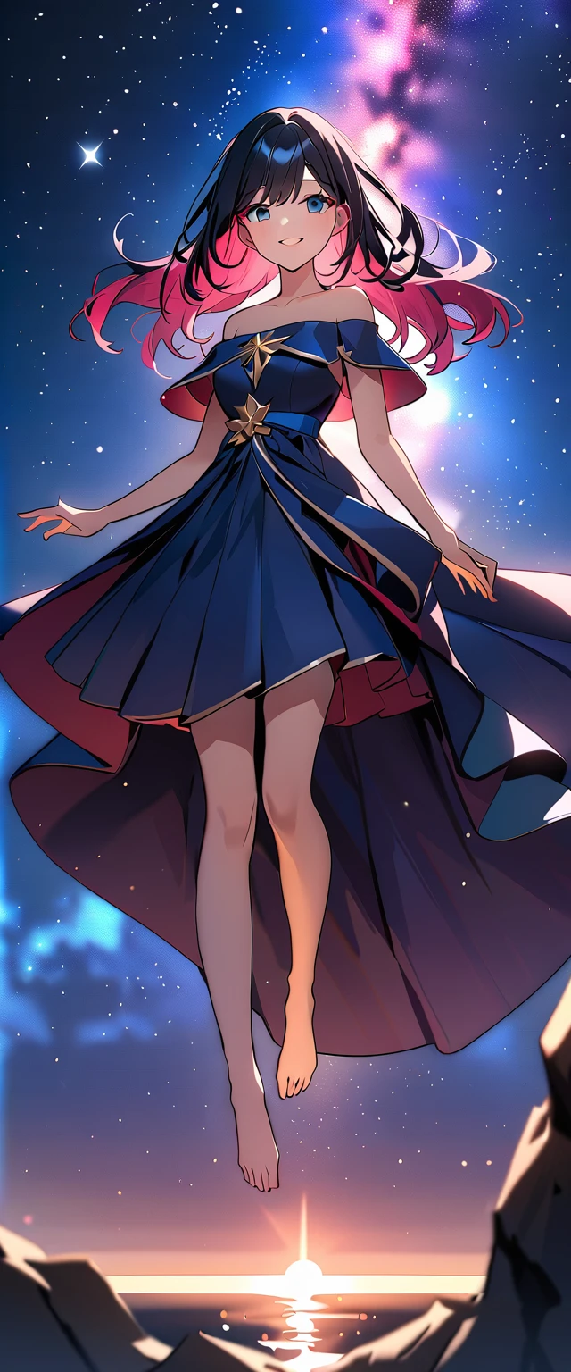 Photo of a high school girl with natural skin, Upper Body, Looking at the camera, Smiling twin-tailed girl with black and red gradient hair, Sharp eyes with blue eyeshadow, A thin, upturned nose, Well-shaped lips, White off-the-shoulder dress, barefoot, Makeup, Exquisitely crafted with the utmost attention to detail, Vibrant, amazing, Smooth, Cinematic, 4K, Backlight, ((Atop a cliff with a beautiful starry sky, Cliff)), Shallow depth of field.