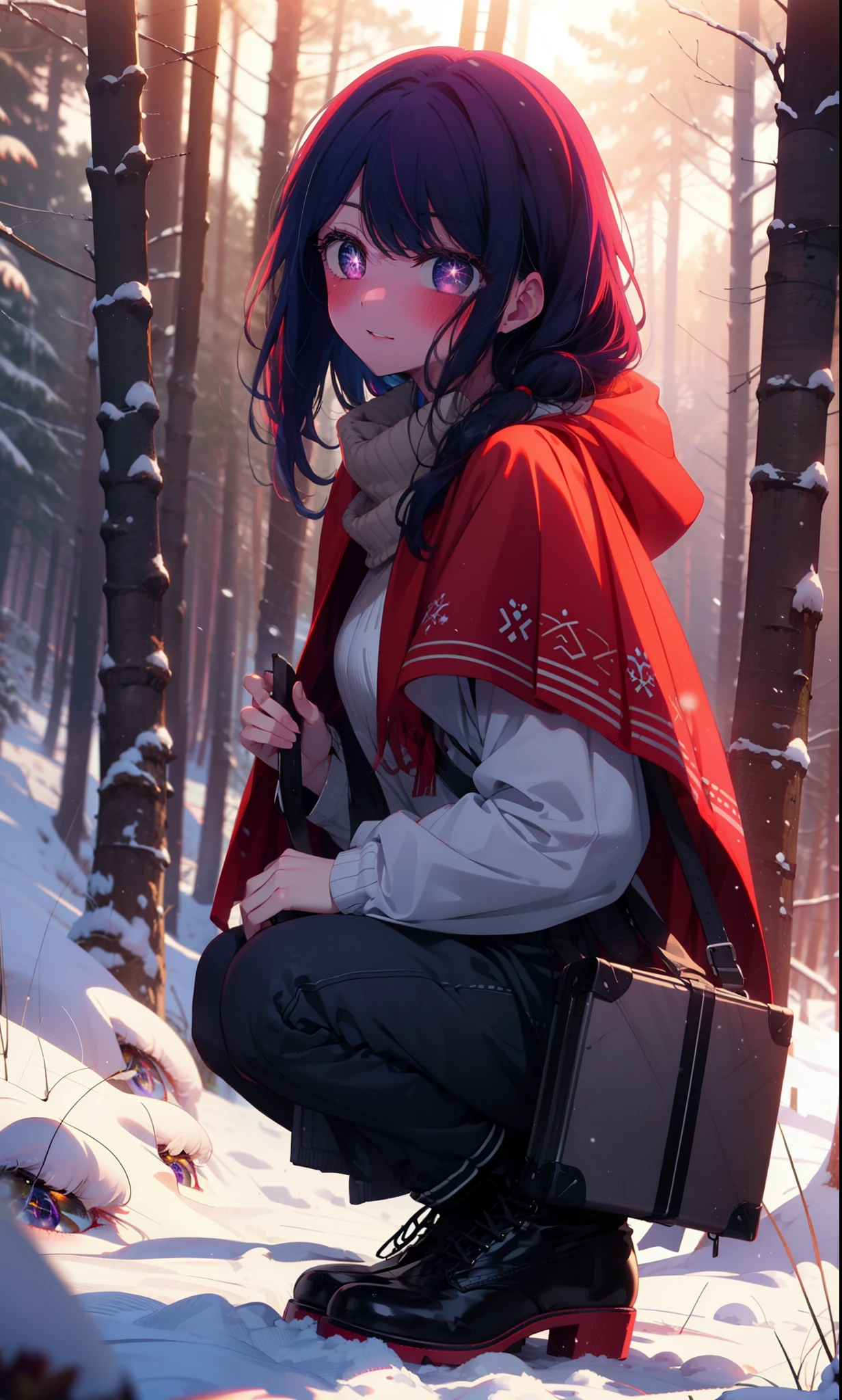 aihoshino, Ai Hoshino, Long Hair, bangs, (Purple eyes:1.1), Purple Hair, (Symbol-shaped pupil:1.5), smile,,smile,blush,White Breath,
Open your mouth,snow,Ground bonfire, Outdoor, boots, snowing, From the side, wood, suitcase, Cape, Blurred, , forest, White handbag, nature, Squat, Mouth closed, Cape, winter, Written boundary depth, Black shoes, red Cape break looking at viewer, Upper Body, whole body, break Outdoor, forest, nature, break (masterpiece:1.2), Highest quality, High resolution, unity 8k wallpaper, (shape:0.8), (Beautiful and beautiful eyes:1.6), Highly detailed face, Perfect lighting, Highly detailed CG, (Perfect hands, Perfect Anatomy),