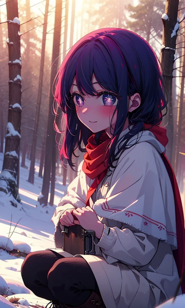 aihoshino, Ai Hoshino, Long Hair, bangs, (Purple eyes:1.1), Purple Hair, (Symbol-shaped pupil:1.5), smile,,smile,blush,White Breath,
Open your mouth,snow,Ground bonfire, Outdoor, boots, snowing, From the side, wood, suitcase, Cape, Blurred, , forest, White handbag, nature, Squat, Mouth closed, Cape, winter, Written boundary depth, Black shoes, red Cape break looking at viewer, Upper Body, whole body, break Outdoor, forest, nature, break (masterpiece:1.2), Highest quality, High resolution, unity 8k wallpaper, (shape:0.8), (Beautiful and beautiful eyes:1.6), Highly detailed face, Perfect lighting, Highly detailed CG, (Perfect hands, Perfect Anatomy),