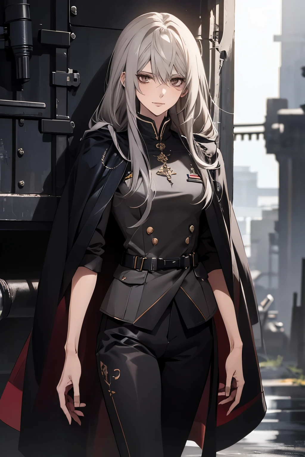(Confused, High resolution, Very detailed), 1 female, Silver Hair,Long Hair,Reddish brown eyes,Blue and black military uniform,24th generation,beauty,mature,thin,quiet,calm,A small smile,Long Cape,Slender and thin,Knee-high boots,skinny pants,hangar,Small breasts,thin body,Are thin