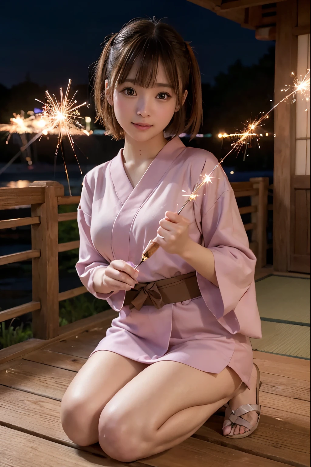 Perfectly Anatomically Correct:1.4, 5 Beautiful finger:1.4, 
1 Japanese Girl, Kawaii, Very Short Hair Bun:1.2, Wide-Set Eyes, Very White Skinned, Blush, Bashfully, -Yeld, O Mouse Slightly, 
Cute Eyes, Tareme, Brown Hair, Light Smile, 
(Japanese Sparklers Within Own Reached Arm:1.4), 
(Point Fireworks at Viewer:1.0), 
Pale Colored Yukata or Kimono or Japanese Clothes:1.6, 
Looking at Viewer:1.2, 
Dynamic Angle, Full Body, 
SFW:1.0, Non-Nipple:1.0, 
 BREAK 
Light Purple Dusk, Riverside Wooden Deck, Embankment, 
 BREAK 
8K, RAW Photo, Best Quality, Masterpiece, Realistic, PhotoRealistic, Extremely Detailed 8K Wallpaper, Beautifully Detailed Eyes, Finely Detailed Face, 
 BREAK 
High-Key Lighting, Professional Lighting, Bokeh:1.0