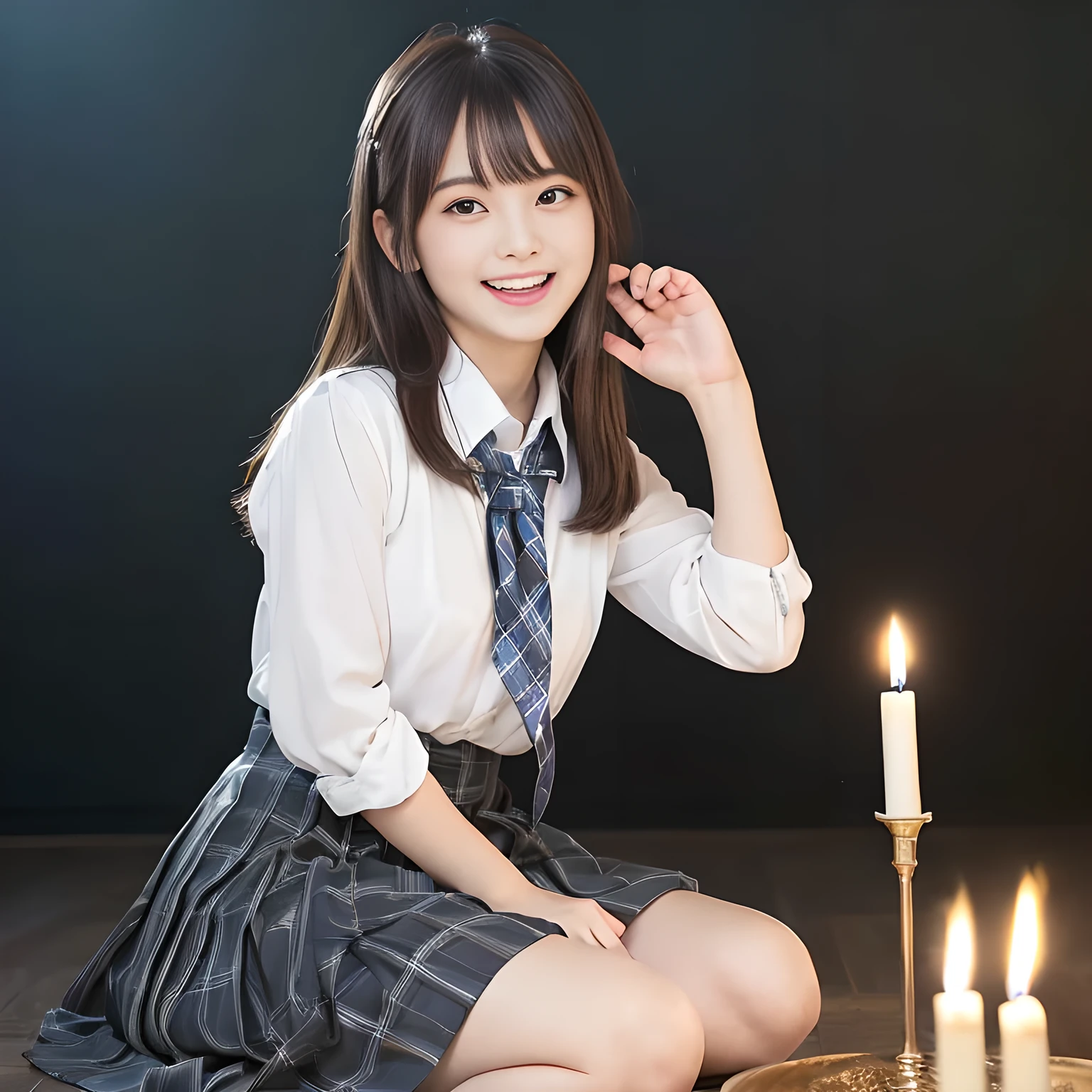 (highest quality, masterpiece:1.2), highest quality, High resolution, 1080P, 8K, Height: 158cm, ((A noble and intelligent girl like Japanese cute girly lady is hypnotizing and giggling, A very sweet, very noble, pretty and neat Japanese beautiful cute girl. Realistic very girly sweet cute noble girl like a princess is seated in many evil candles)), ((Completely black room with candles)), ((((, popular Japanese cute fashion model)))), ((((Extremely pure white face and hands and legs)))), Glossy lips, (Evenly cut bangs), ((Very beautifully laughing brown drooping gooey cute neat noble eyes)), ((straight black very very long straight hair)), Very lustrous, glossy lips, Open hand over open mouth, Beautiful straight hair like a hair model, Watching the viewer and laughing, ((Incredibly well organized, The expression is rich. plump and beautiful white skin and face)), ((Pure and clear sweetly smiling eyes)), ((smiling at me)), Glossy Lips, ((noble and neat)), ((Like a succubus is fascinating with magic and giggling)), ((((A succubus is fascinating and calling to the deeper place forever)))), Extremely beautiful blue skirt, ((highly up-curved lips)), ((looking at the viewer directly)), white hands, ((Navy and sapphire blue Japanese school uniform tartan checkered pleated long skirt, Blue string ribbon tie)), ((((An ecstatic face expression of boundless joy)))), ((black background))