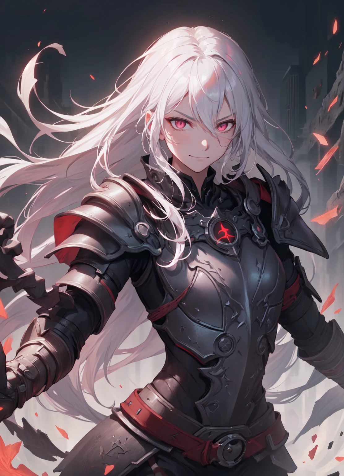 masterpiece, best quality, (extremely detailed CG unity 8k wallpaper), (best quality), (best illustration), (best shadow), absurdres, realistic lighting, (Abyss), beautiful detailed glow, anime, solo, 1girl, upper body shot, dark sakura, pink eyes, white hair, herrscher, Herrscher of the Void, black armour, Honkai impact, smirk, cocky, courage, serious expression, (aura, energy, battle stance:1.2), dynamic pose, daedric, skyrim, (TalDarimAI armor, TalDarimAI magic, runic armor, runes:1.22), looking at viewer, GlowingRunes_red, TalDarimAI, battlefield, (God of war, long hair:1.2)