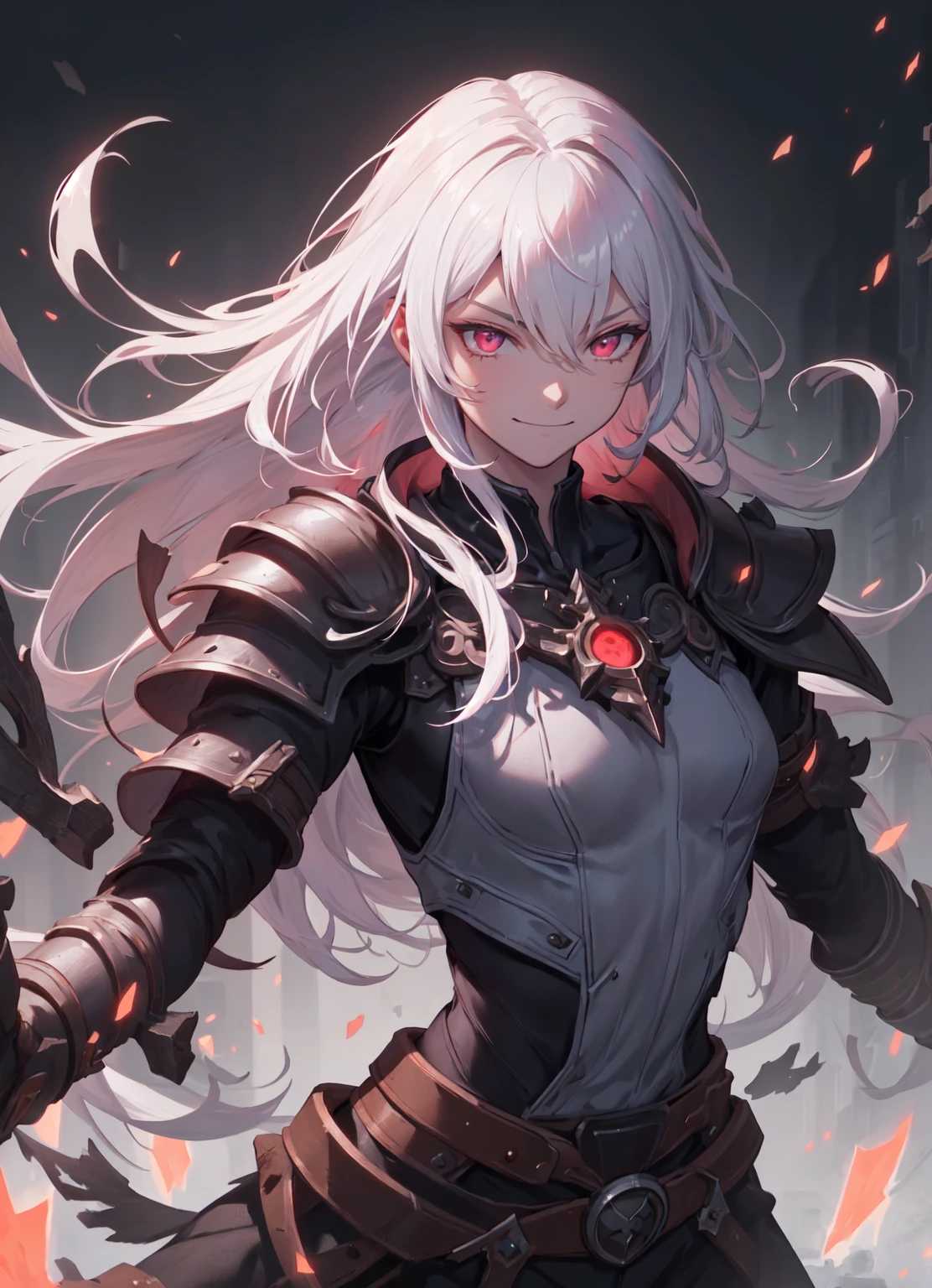 masterpiece, best quality, (extremely detailed CG unity 8k wallpaper), (best quality), (best illustration), (best shadow), absurdres, realistic lighting, (Abyss), beautiful detailed glow, anime, solo, 1girl, upper body shot, dark sakura, pink eyes, white hair, herrscher, Herrscher of the Void, black armour, Honkai impact, smirk, cocky, courage, serious expression, (aura, energy, battle stance:1.2), dynamic pose, daedric, skyrim, (TalDarimAI armor, TalDarimAI magic, runic armor, runes:1.22), looking at viewer, GlowingRunes_red, TalDarimAI, battlefield, (God of war, long hair:1.2)