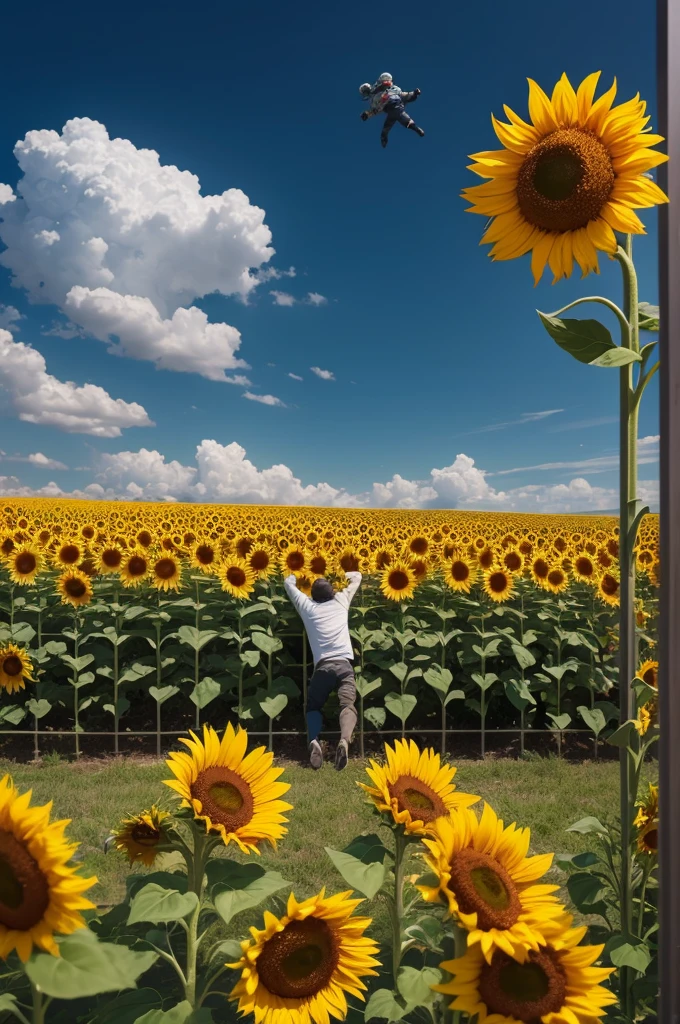 Man falling in space, sunflower fence.
Feeling of drama and melancholy