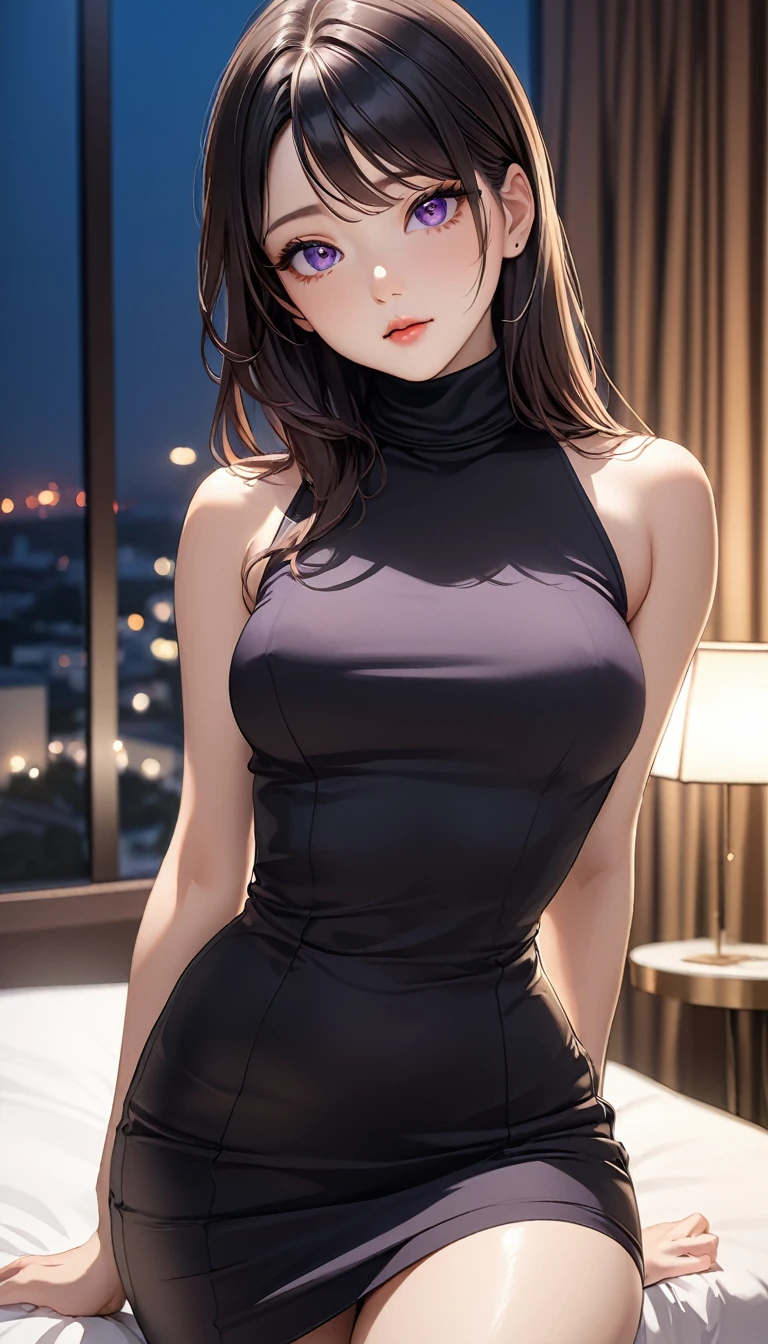 masterpiece, high resolution, beautiful woman, Korean Beauty, 30 years old, black sleeve less turtle neck, mini pencil skirt, beautiful woman, night hotel, looking at me, (high resolution face), (high resolution eyes), (high quality eyes), black hair, purple eyes, little curvy
