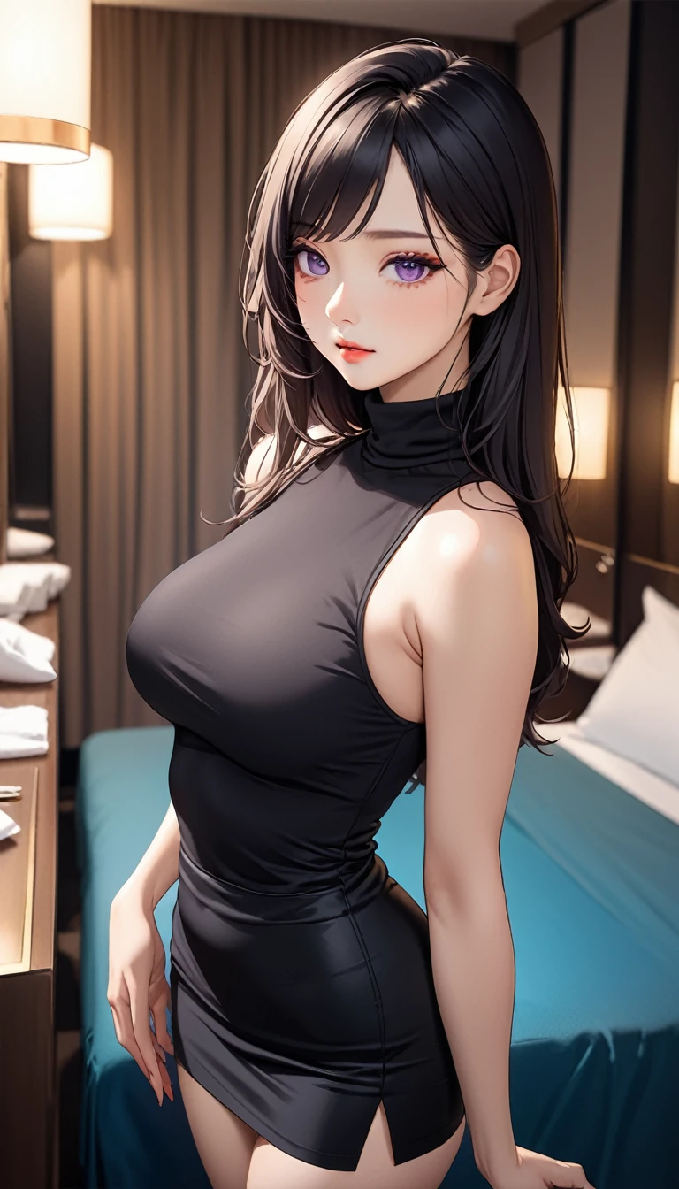 masterpiece, high resolution, beautiful woman, Korean Beauty, 30 years old, black sleeve less turtle neck, mini pencil skirt, beautiful woman, night hotel, looking at me, (high resolution face), (high resolution eyes), (high quality eyes), black hair, purple eyes, little curvy