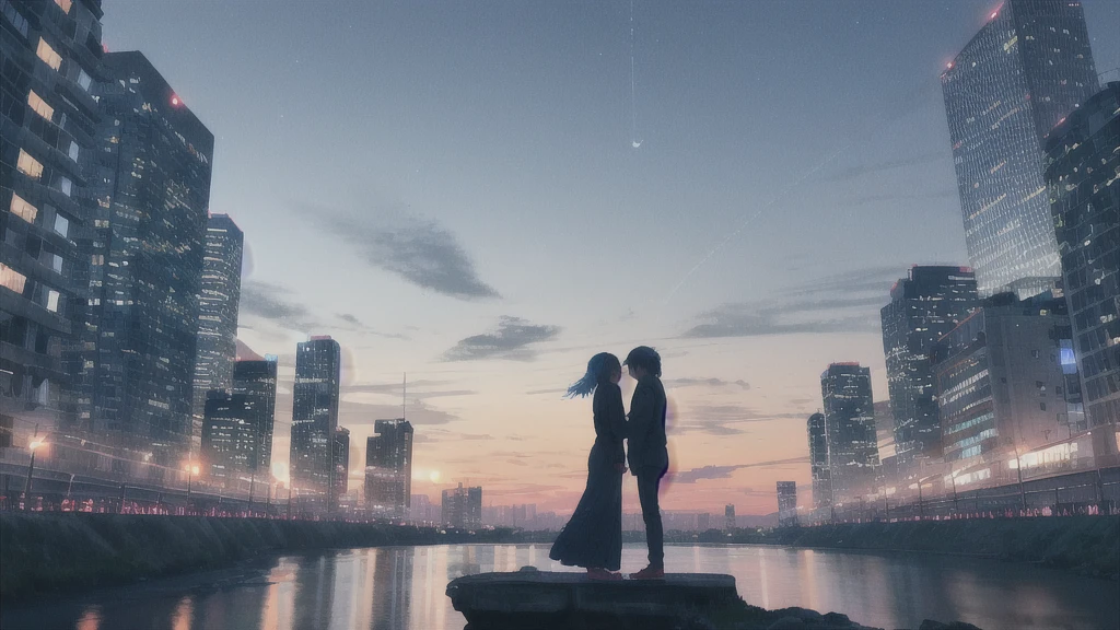 真っ暗なnight空,Octane, star (null), scenery, Blue parakeet,The acoustic guitar is in front of the body.,star, night, Girl and Boy, Back view, Outdoor, city,river,Blue parakeet,building, cloud, 天のriver,silhouette