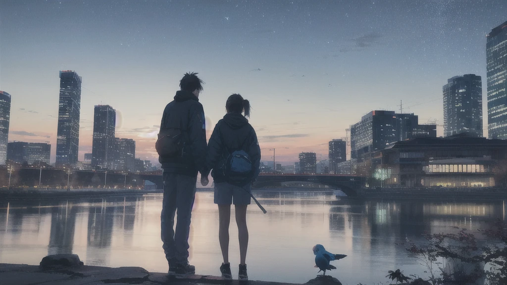 真っ暗なnight空,Octane, star (null), scenery, Blue parakeet,The acoustic guitar is in front of the body.,star, night, Girl and Boy, Back view, Outdoor, city,river,Blue parakeet,building, cloud, 天のriver,silhouette