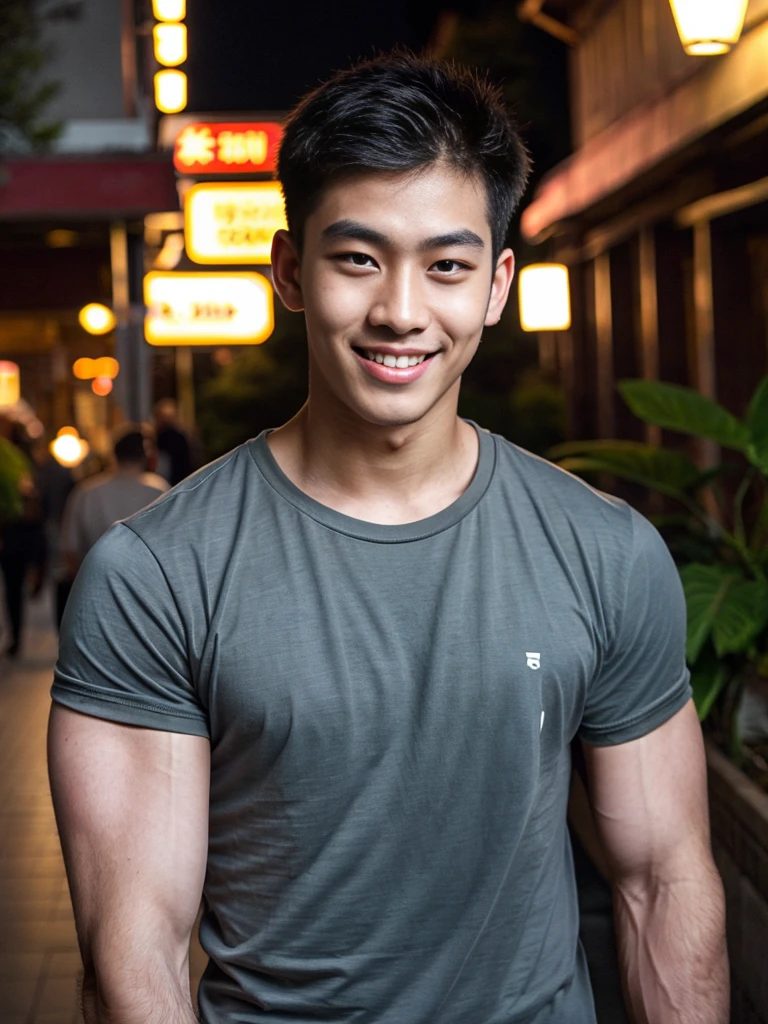 (best quality, 4K, 8K, high resolution, Masterpiece: 1.2), Special details, (realistically, As realistic as a photo, photo realistic: 1.37), Edge lighting, Extra detailed coloring, sharp focus, Physical rendering ,Extremely detailed description,professional,light color,Bokeh,Portrait,look at the viewer,
Young Asian man, 20 years old ,(Wear a dark gray t-shirt.), smile