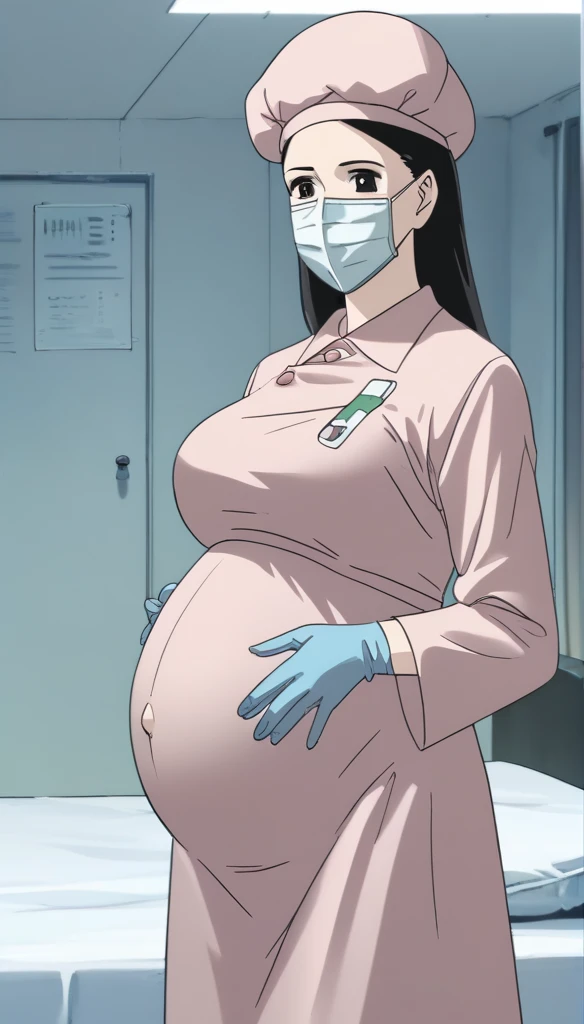 score_9, score_8_up, score_7_up, source_anime, raw image, masterpiece, highest quality, natural light, patient room background, kasuganoray, good shape, pale skin, shy eyes, big breasts, scrubs, surgical mask, bouffant cap, long sleeve coat pregnancy doctor, long sleeve maternity dress, long sleeve pregnant dress, long stockings,
1girl, pregnant, solo, rubber gloves, looking down, furrowed brow, hospital bed, standing, even though she's pregnant she has a good figure,