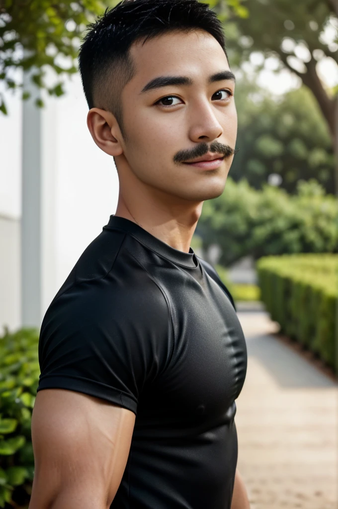 Masterpiece, best quality, high resolution, realistic, handsome, Take beautiful photos, Sayk, NRF, Photo of the 35 year old gym association (The man has a thin mustache.:1.2) Portrait, standing in the garden , make military media, weight, Amazing , Buzzcut short hair,stubble head , (Hyper Muscle),looking at the audience, Flirt with the camera, charming, (Tight black exercise shirt ),(GS-Male:1), 8K,Bokeh,Portrait,look at the viewer,