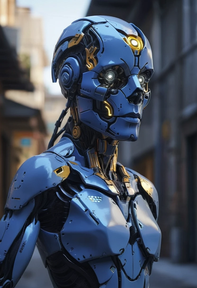 (masutepiece, Humanoid robot with complex machinery:1.3), (Captivating depiction of human-shaped robot figures:1.2),Beautie、 (Meticulously crafted to showcase the fusion of technology and aesthetics:1.2), (The body of the robot consists entirely of complex gears, Gold and titanium parts:1.1), (Wires intricately interweave the frame to form a mechanical circulatory system:1.1), (Strategically positioned porcelain plates to protect critical components:1.1), (Human-like head with a perfectly symmetrical face:1.1), (Thick and dark eyebrows surround expressive features:1.1), (Hair styled in stunning upsweep fashion, Vibrant shades of blue:1.1), (Set in a scientific laboratory, Focus Lighting Robot:1.1), (A spotlight that highlights the complexity of its machines and the beauty of their design:1.1), (Meticulous attention to gear details, wires, and Components:1.1), (A depiction that captures the harmonious fusion of humans and technology:1.1), (A sense of wonder and innovation represented by the creation of robots:1.1), (Images that inspire reflection on the future of human-machine interaction:1.1), (Precision meets aesthetics、Artwork that creates captivating and thought-provoking compositions:1.1)), Cinematic, ultra-detailliert, Insane details, Beautifully color graded, Unreal Engine, degrees of , Hyper-Resolution, Megapixel, cinematic lightening, Anti-aliasing, FKAA, TXAA, nffsw, SSAO, post processed, Post Production, Tone Mapping, ....CGI, VFX, tokusatsu, insanely detailed and intricat, Hyper maximalist, Hyper realistic, Volumetric, Photorealistic, ultra photoreal, Ultra-detailed, Intricate details, super detailed, fulcolor, Volumetric lightning, nffsw, Realistic, Unreal Engine, 16 K, Sharp Focus, Octane Render