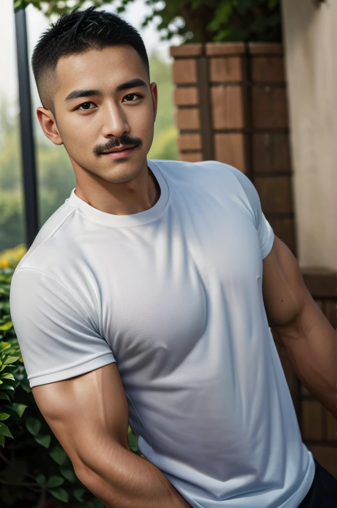 Masterpiece, best quality, high resolution, realistic, handsome, Take beautiful photos, Sayk, NRF, Photo of the 35 year old gym association (The man has a thin mustache.:1.2) Portrait, standing in the garden , make military media, weight, Amazing , Buzzcut short hair,stubble head , (Hyper Muscle),looking at the audience, Flirt with the camera, charming, (Tight black exercise shirt ),(GS-Male:1), 8K,Bokeh,Portrait,look at the viewer,