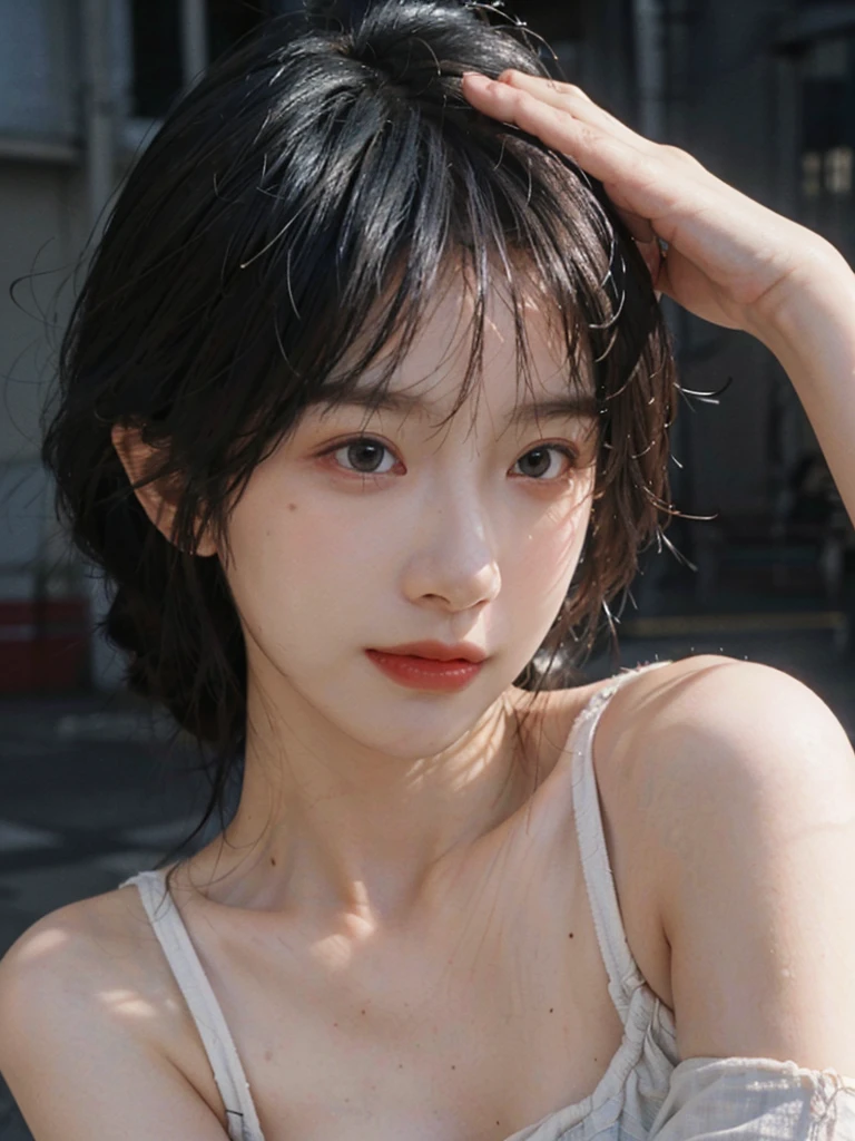(Skin details:1.4), (smooth skin textures:1.3), (Upper body:1.4),(Upper Body:1.3)Lipstick, background, earrings, serene, calm, (Realistic and detailed eyes:1.2), Natural skin texture, Realistic facial details, Soft dramatic lighting, Vivid details, 35 mm film, outdoor, (Photo Practical:1.4), (hyper Practical:1.4), (Practical:1.3), (Smoother lighting:1.05), (Improve lighting quality:0.9), (Highest quality real skin textures:1.4), Exquisite eyes, Delicate face, Close-up of face, (Enhance the beauty of skin texture:1.1), Hair details,(Large Breasts:1.3)normal body ratio, short hair, Moles under the eyes, A faint smile,Portrait Photography, Depth of Field, Bokeh, Surrealism, Ray Tracing, (Portrait Photography:1.1), Surrealism, High Detail, Chiaroscuro, Ray Tracing, reflected light, Ultra HD, Ultra HD, masterpiece, Textured Skin, Super Detail, High Detail, high quality, best quality