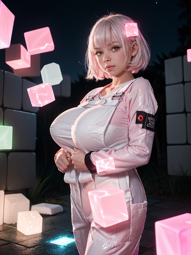 (shiny white skin:1.4),(slippy girl with gigantic breast:1.4),(cute face:1.2) , (white hair:1.2),(mysterious pink glowing blocks at night :1.4) ,(big loose coverall:1.5),(bangs:1.2)