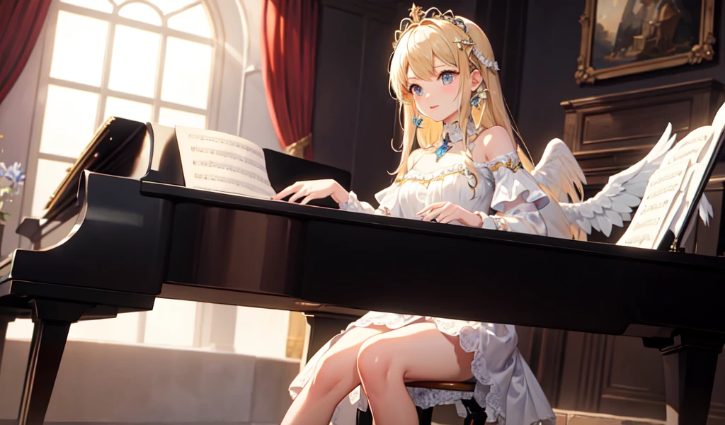 ((Highest quality)), ((masterpiece)), (detailed), Beautiful and cute angel,,Playing the piano,Fantasy、Beautiful background,Five fingers
