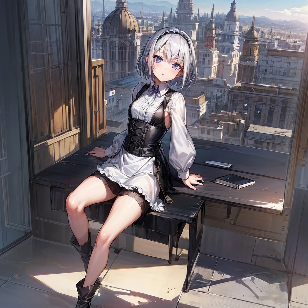 Illustration of one person, Dengeki Bunko, Woman Looking Back, Perfect Human Medicine, Woman keeps falling, {{{{{Maid clothes}}}}},Small Tits,anime, Two legs, Cool,{{{{{50 year old woman}}}}} ,{{{{{a person is depicted}}}}},(Official Art、{{{{{Upper Bodyアングル}}}}},Highest quality、Unity 8k wallpaper、32k、masterpiece、Ultra-detailed、Ultra-high resolution, Realistic、Grab your hair with your hands, Photorealistic:1.2)、(Cinema Lighting:1.2)、,Fire Glow Effect、The most grainy shadows on the film、Rim Light、Side light、Side Shot、(Ultra-detailedで複雑な3Dレンダリング)、Very short hair, Short wolf hair,細部までBeautiful Faceと目、Sharp pupils、Realistic生徒、Slender、Highly detailed background、Beautiful Face、Beautiful 16 year old girl、(Ultra-detailedなスキン、Detailed skin texture:1.Silver Hair:1.3)、Blunt bangs、blue eyes、{{{{{黒いMaid clothes}}}}}、White apron costume、Black knee socks、(Thighs Thighs Thighs Thighs:0.8)、Black Bhutanese sticks and a beautiful sunset、Medieval castle、Dancing on the Tower Roof、(avert your eyes、Overlooking the city:1.3)、Fantastic、Close your mouth and bite, Makes your face smaller, (Tabletop), Highest quality, Perfect Face, 1 Girl, alone, Eye color is light blue, Hair between the eyes, Very Short Hair, blue eyes, Silver Hair, Knee-high boots, corset,Black gloves, Long sleeve, Upper Body,