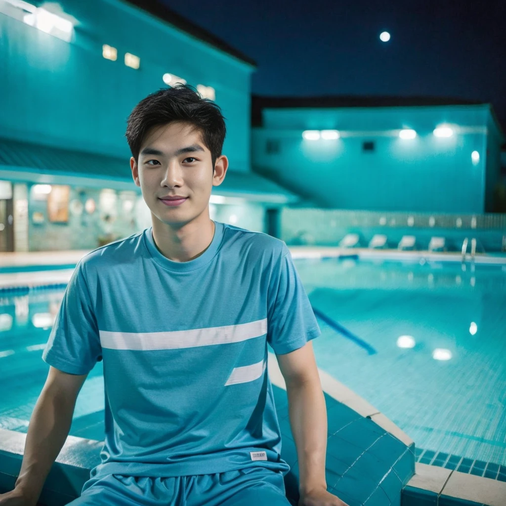 独奏:1.3 ,Korean man, Inspiration from Peng Yuyan,  23 years old, Cute Korean Face, 35 yo, 33 year old Korean muscular man，Sitting near the swimming pool green t-shirt Night light view, half moon, Blue lights under the swimming pool, lantern light,