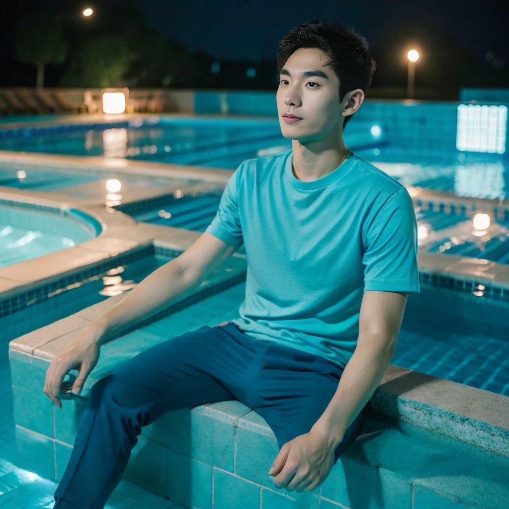 独奏:1.3 ,Korean man, Inspiration from Peng Yuyan, 23 years old, Cute Korean Face, 35 yo, 33 year old Korean muscular man,Sitting near the swimming pool green t-shirt Night light view, half moon, Blue lights under the swimming pool, lantern light,