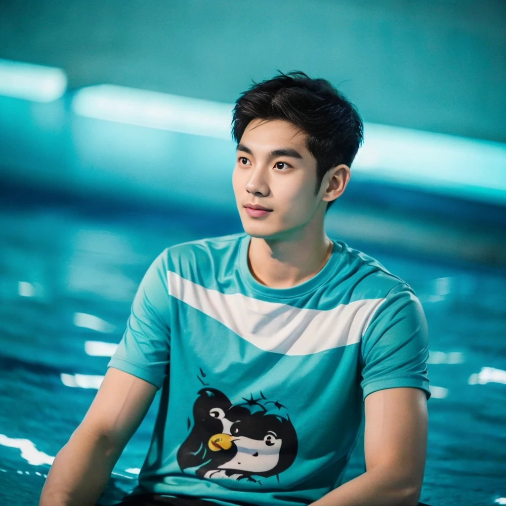 独奏:1.3 ,Korean man, Inspiration from Peng Yuyan,  23 years old, Cute Korean Face, 35 yo, 33 year old Korean muscular man，Sitting near the swimming pool green t-shirt Night light view, half moon, Blue lights under the swimming pool, lantern light,