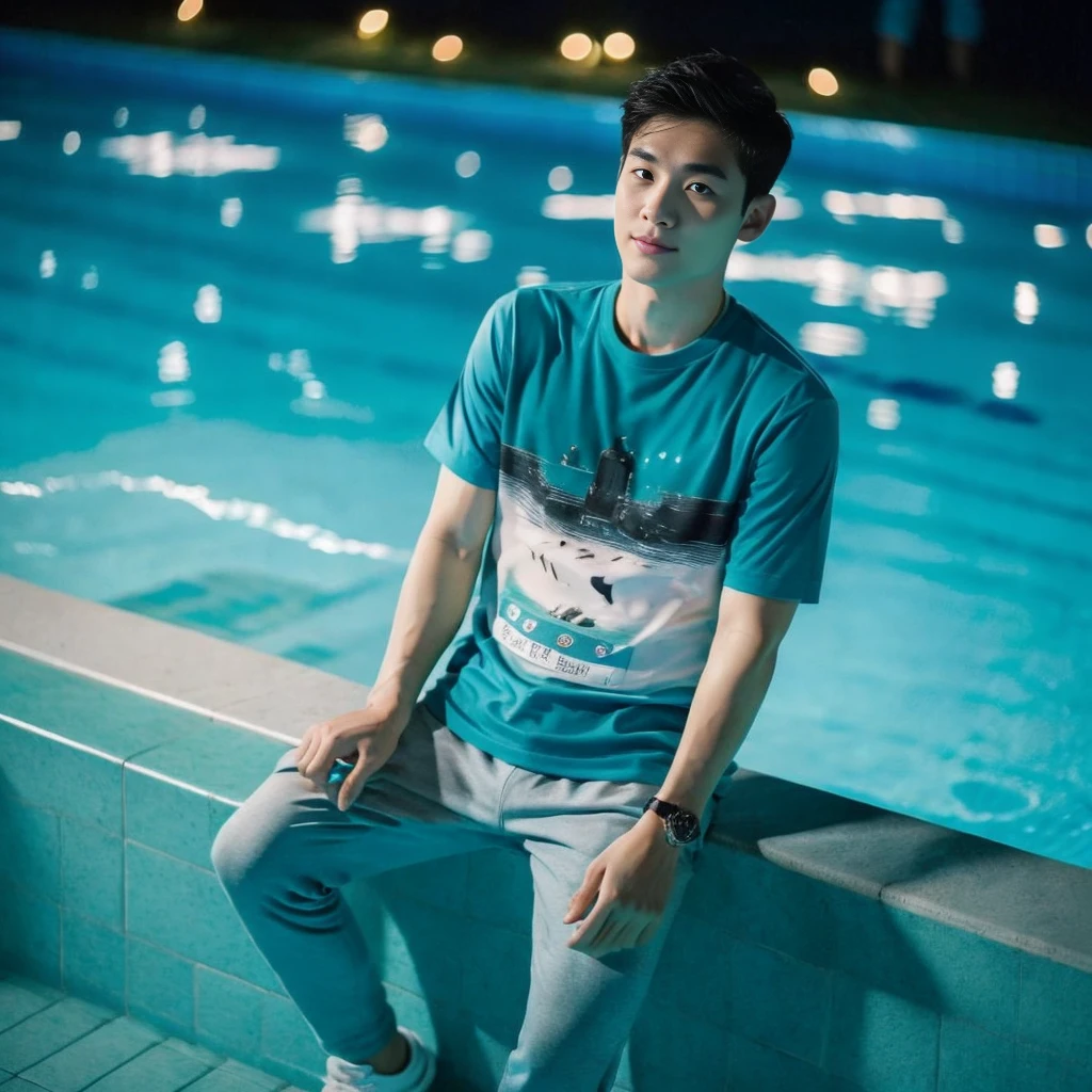 独奏:1.3 ,Korean man, Inspiration from Peng Yuyan, 23 years old, Cute Korean Face, 35 yo, 33 year old Korean muscular man,Sitting near the swimming pool green t-shirt Night light view, half moon, Blue lights under the swimming pool, lantern light,