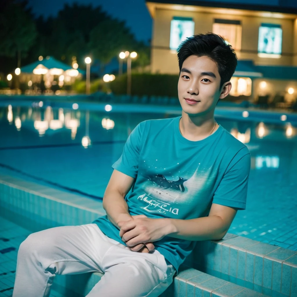 独奏:1.3 ,Korean man, Inspiration from Peng Yuyan, 23 years old, Cute Korean Face, 35 yo, 33 year old Korean muscular man,Sitting near the swimming pool green t-shirt Night light view, half moon, Blue lights under the swimming pool, lantern light,