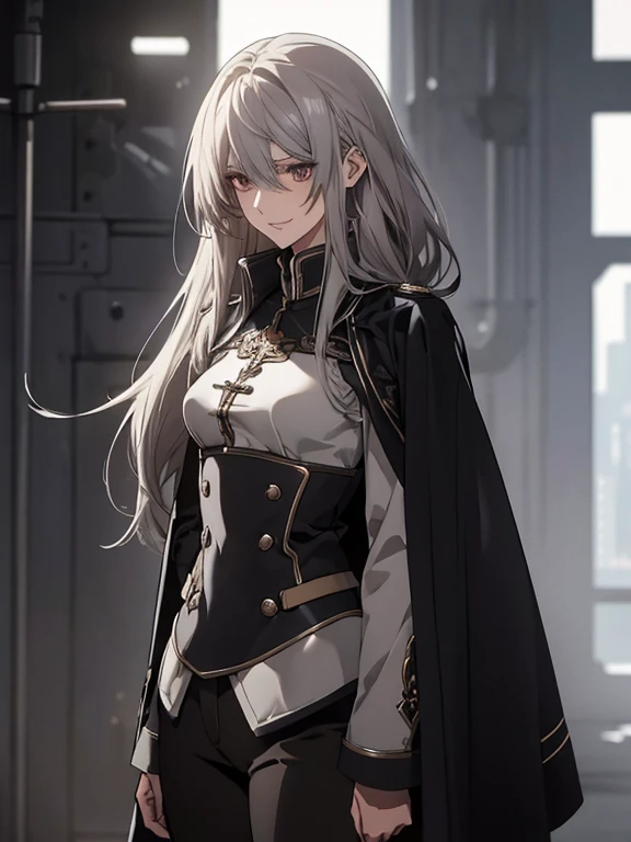 (Confused, High resolution, Very detailed), 1 female, Silver Hair,Long Hair,Reddish brown eyes,Blue and black military uniform,24th generation,beauty,mature,thin,quiet,Calm,A small smile,Long Cape,Slender and thin,Knee-high boots,skinny pants,Hanger,Small breasts,thin body,Are thin