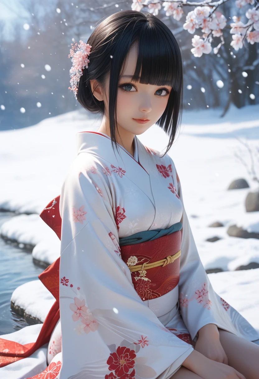 score_9, score_8_up, score_7_up, 1girl, solo, looking at viewer, short hair, blunt bangs, black eyes, beautiful detailed eyes,black hair, long sleeves, sitting, closed mouth, small breasts, outdoors, japanese clothes, wide sleeves, kimono, water, sash, obi, floral print, snow, snowing, white kimono, print kimono,  break,(clear line illustration:1.2), super detailed skin,very high resolution, very aesthetic, Best sexual lighting powered by famous artist, 8k,cute picture,beauty illustration,photoshop_(medium),,(Detailed Lighting),uncensored,