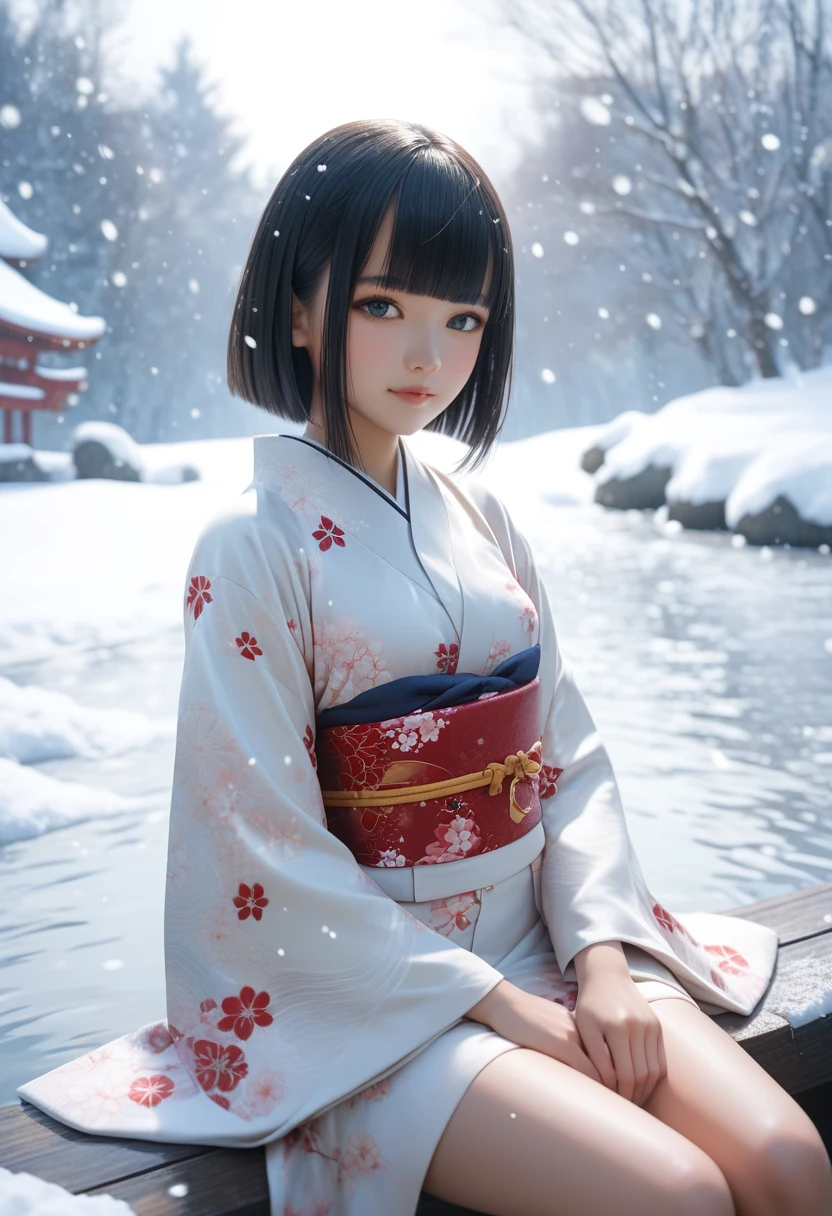 score_9, score_8_up, score_7_up, 1girl, solo, looking at viewer, short hair, blunt bangs, black eyes, beautiful detailed eyes,black hair, long sleeves, sitting, closed mouth, small breasts, outdoors, japanese clothes, wide sleeves, kimono, water, sash, obi, floral print, snow, snowing, white kimono, print kimono, break,(clear line illustration:1.2), super detailed skin,very high resolution, very aesthetic, Best sexual lighting powered by famous artist, 8k,cute picture,beauty illustration,photoshop_(medium),,(Detailed Lighting),uncensored,