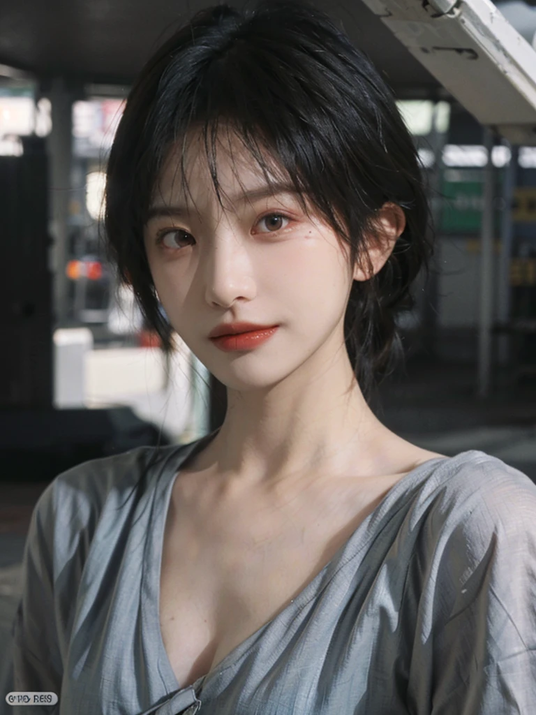 (Skin details:1.4), (smooth skin textures:1.3), （Upper body：1.4），（Upper Body：1.3）Lipstick, background, earrings, serene, calm, (Realistic and detailed eyes：1.2）, Natural skin texture, Realistic facial details, Soft dramatic lighting, Vivid details, 35 mm film, outdoor, (Photo Practical:1.4), (hyper Practical:1.4), (Practical:1.3), (Smoother lighting:1.05), (Improve lighting quality:0.9), (Highest quality real skin textures:1.4), Exquisite eyes, Delicate face, Close-up of face, (Enhance the beauty of skin texture:1.1), Hair details,（Large Breasts：1.3）normal body ratio, short hair, Moles under the eyes, A faint smile,Portrait Photography, Depth of Field, Bokeh, Surrealism, Ray Tracing, (Portrait Photography:1.1), Surrealism, High Detail, Chiaroscuro, Ray Tracing, reflected light, Ultra HD, Ultra HD, masterpiece, Textured Skin, Super Detail, High Detail, high quality, best quality