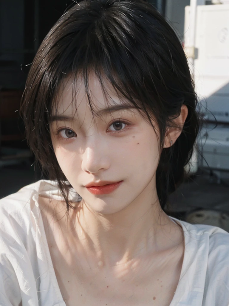 (Skin details:1.4), (smooth skin textures:1.3), (Upper body:1.4),(Upper Body:1.3)Lipstick, background, earrings, serene, calm, (Realistic and detailed eyes:1.2), Natural skin texture, Realistic facial details, Soft dramatic lighting, Vivid details, 35 mm film, outdoor, (Photo Practical:1.4), (hyper Practical:1.4), (Practical:1.3), (Smoother lighting:1.05), (Improve lighting quality:0.9), (Highest quality real skin textures:1.4), Exquisite eyes, Delicate face, Close-up of face, (Enhance the beauty of skin texture:1.1), Hair details,(Large Breasts:1.3)normal body ratio, short hair, Moles under the eyes, A faint smile,Portrait Photography, Depth of Field, Bokeh, Surrealism, Ray Tracing, (Portrait Photography:1.1), Surrealism, High Detail, Chiaroscuro, Ray Tracing, reflected light, Ultra HD, Ultra HD, masterpiece, Textured Skin, Super Detail, High Detail, high quality, best quality
