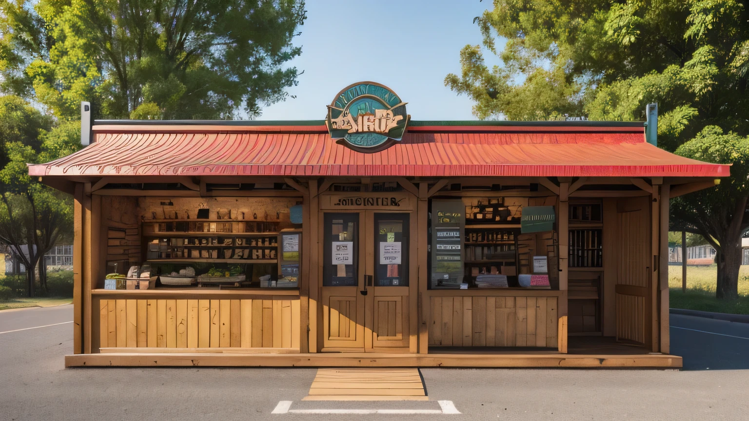 Reptile theme restaurant facade wooden kiosk with shop signs one by one wooden ecological theme color pencil style high-definition hand-painted 4k high-resolution road